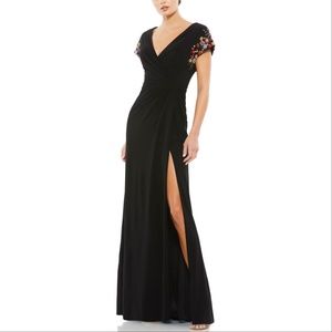 Mac Duggal Ieena 55709 Floral Beaded Sleeve Jersey Wrap Gown, Size 12